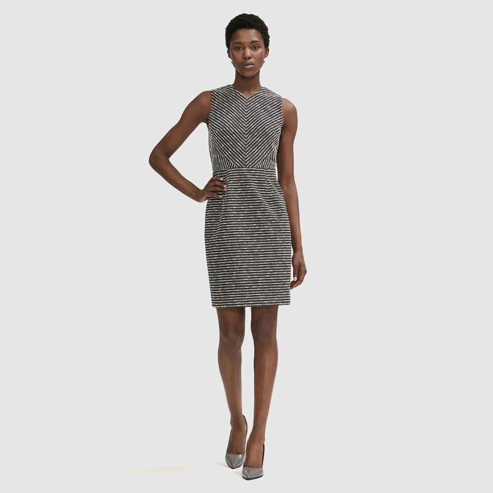 M.M. Lafleur The Reanna Yarn Stripe Tweed Sleeveless Sheath Black Dress Sz 14